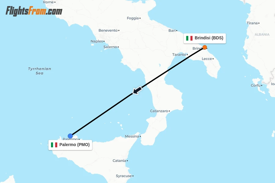 Flights from Brindisi to Palermo route map