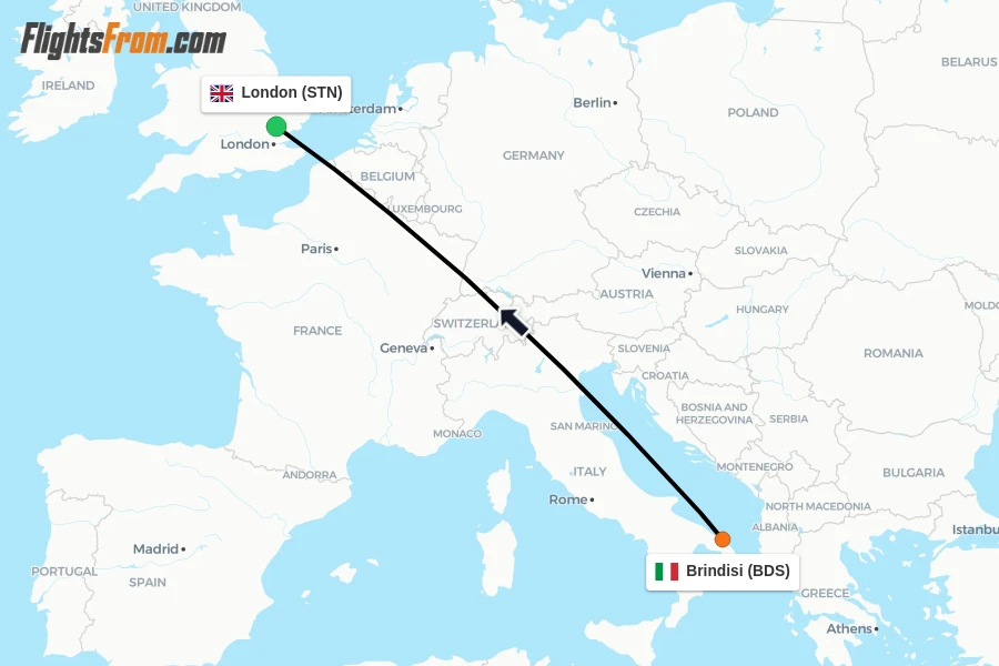 Flights from Brindisi to London route map