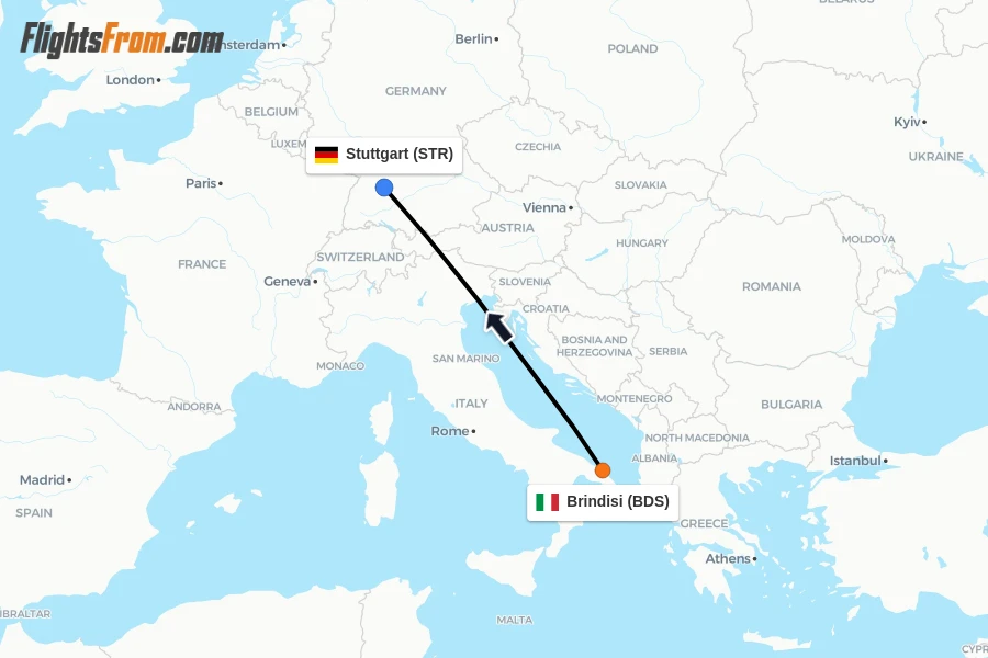 Flights from Brindisi to Stuttgart route map