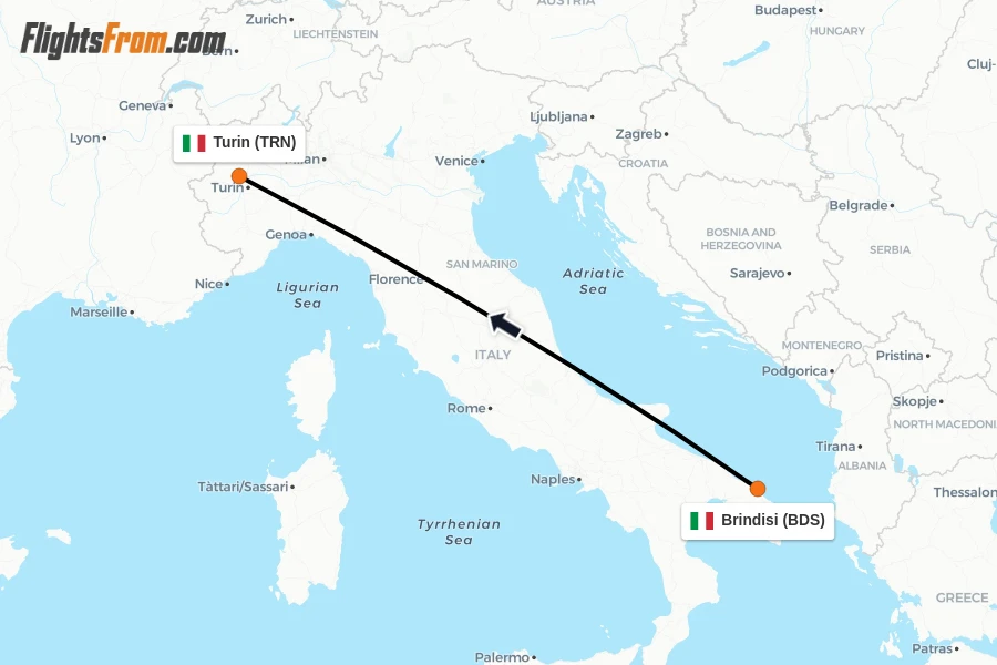 Flights from Brindisi to Turin route map