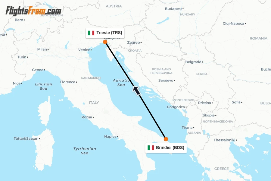 Flights from Brindisi to Trieste route map