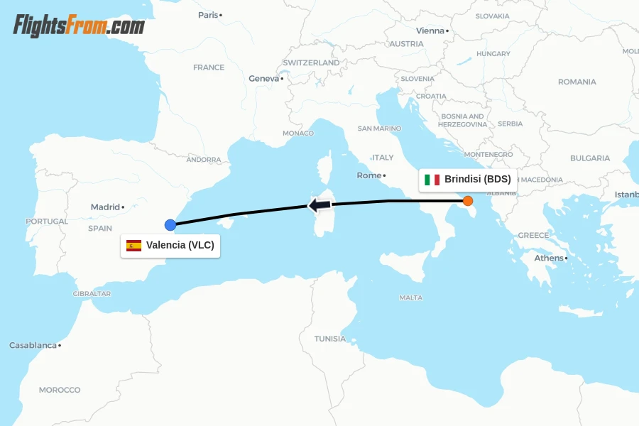 Flights from Brindisi to Valencia route map