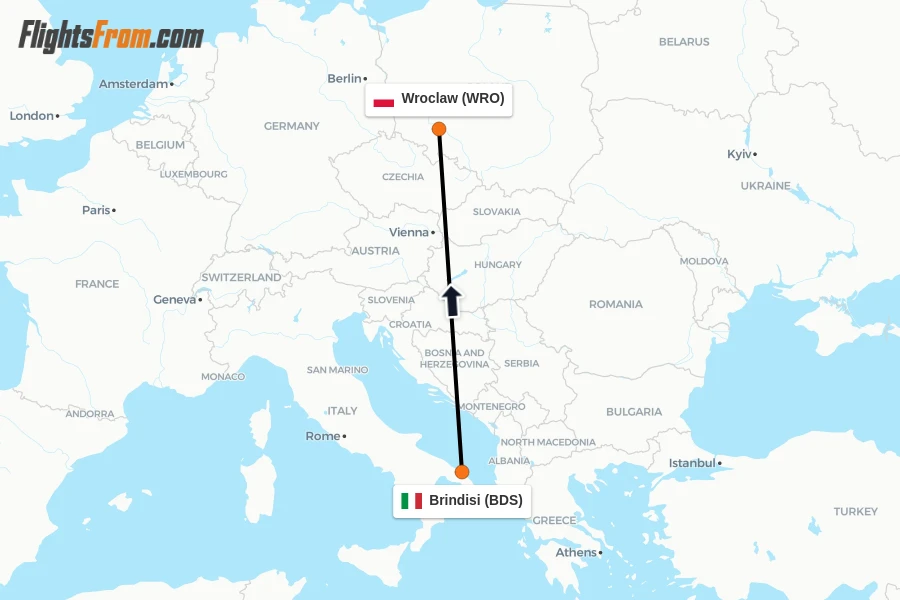Flights from Brindisi to Wroclaw route map
