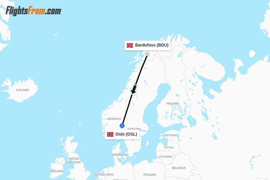 Flights from Bardufoss to Oslo route map