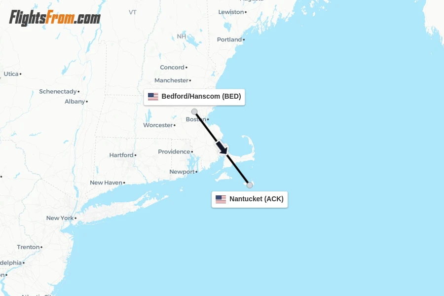 Flights from Bedford/Hanscom to Nantucket route map
