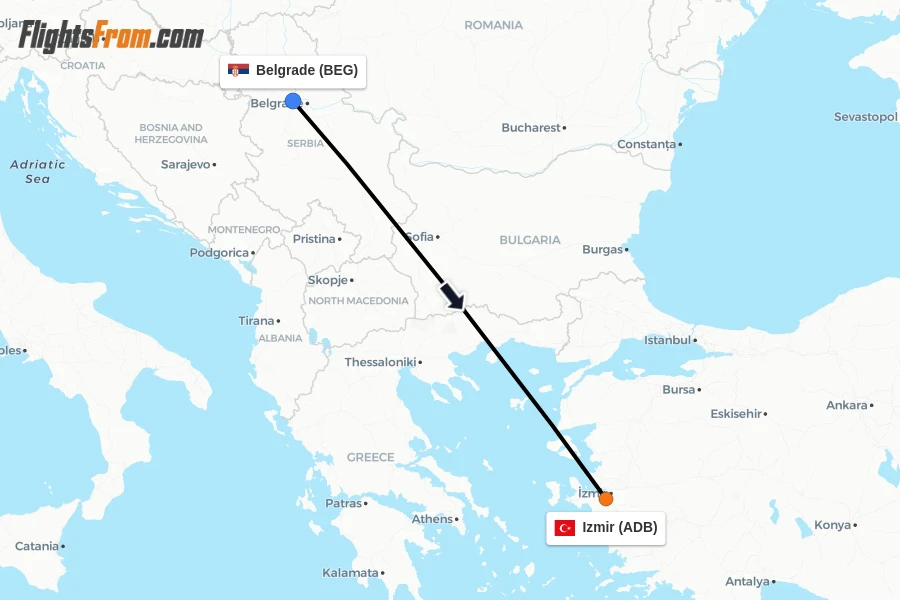 Flights from Belgrade to Izmir route map