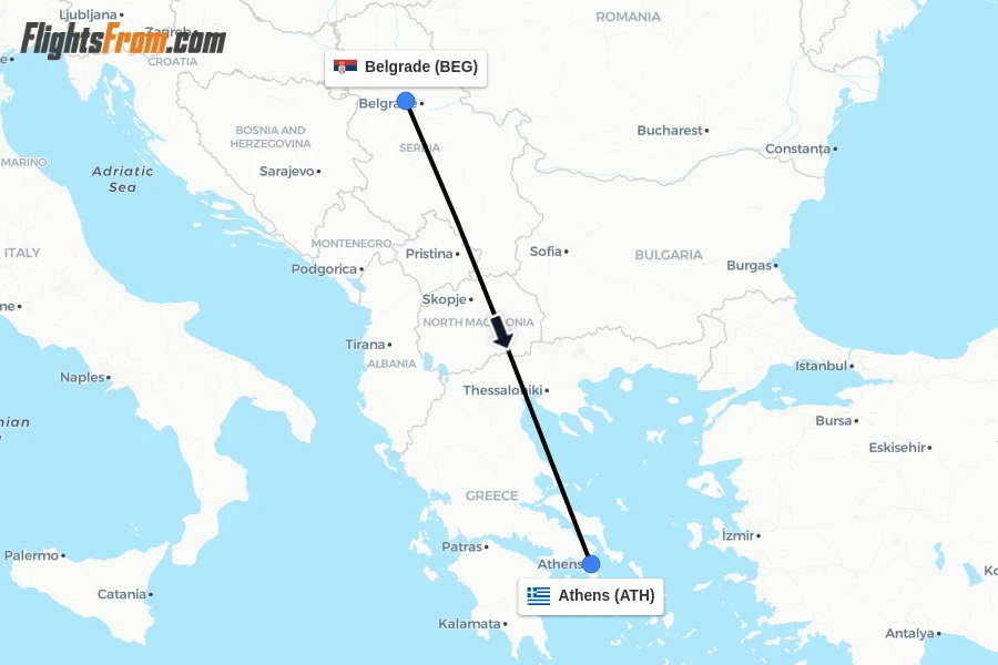 Flights from Belgrade to Athens route map
