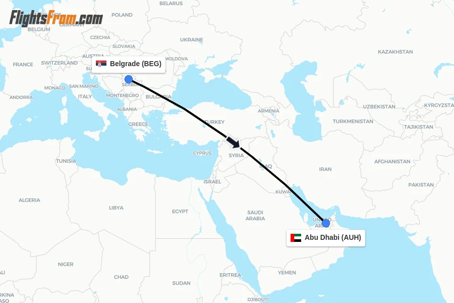Flights from Belgrade to Abu Dhabi route map