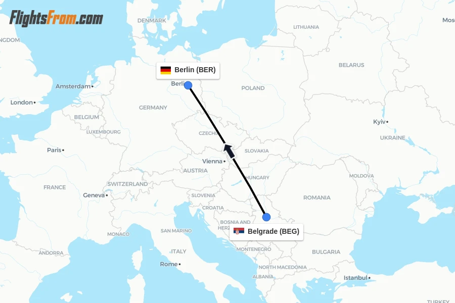 Flights from Belgrade to Berlin route map