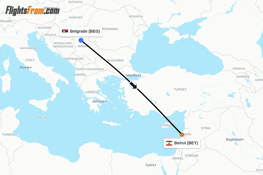 Flights from Belgrade to Beirut route map