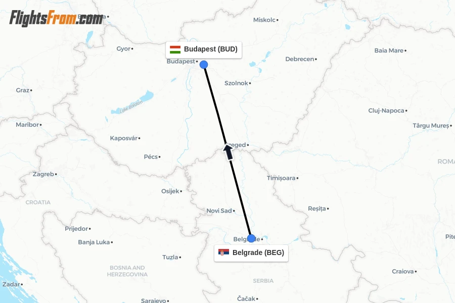 Flights from Belgrade to Budapest route map