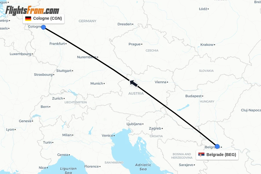 Flights from Belgrade to Cologne route map