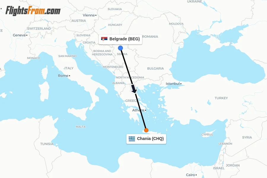 Flights from Belgrade to Chania route map