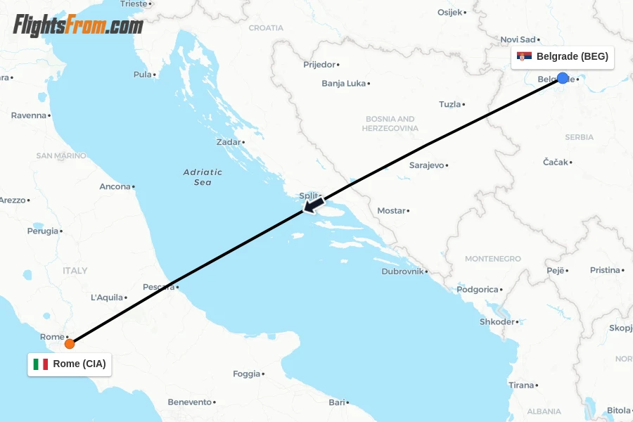 Flights from Belgrade to Rome route map