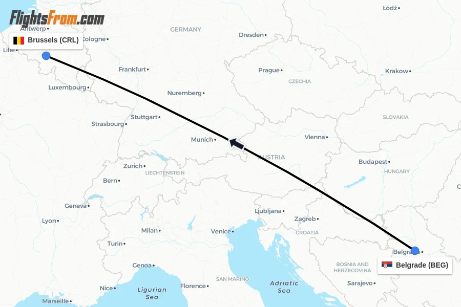 Flights from Belgrade to Brussels route map