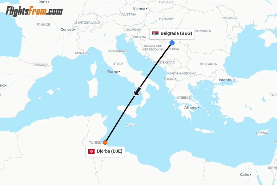Flights from Belgrade to Djerba route map