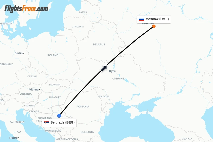 Flights from Belgrade to Moscow route map