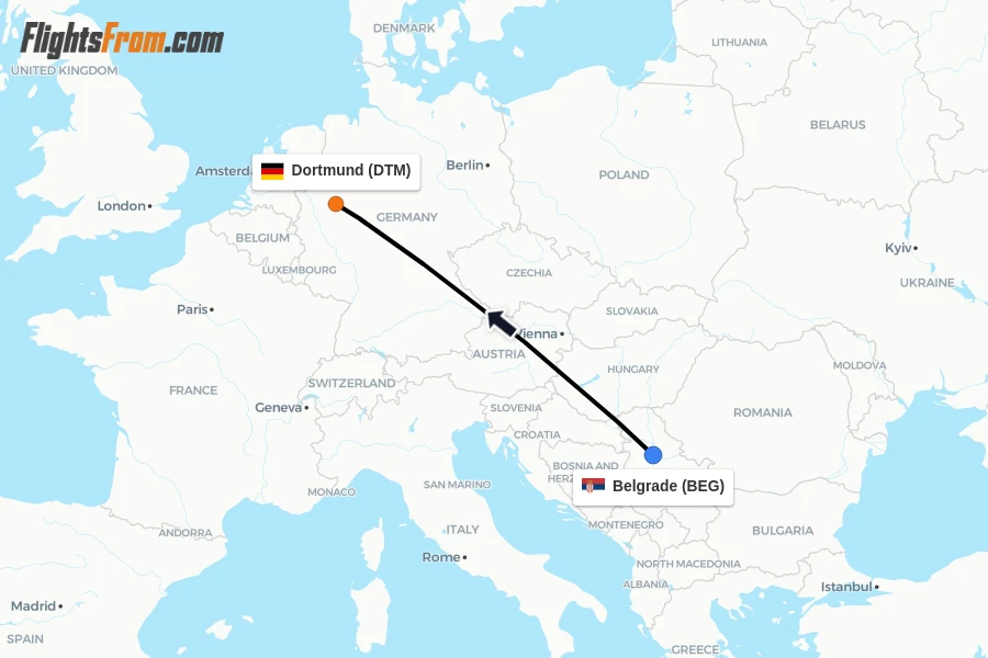 Flights from Belgrade to Dortmund route map