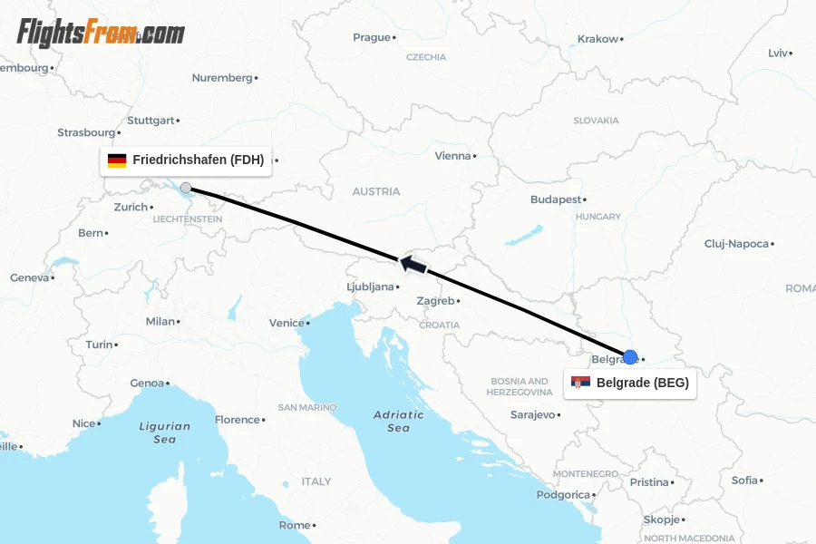 Flights from Belgrade to Friedrichshafen route map