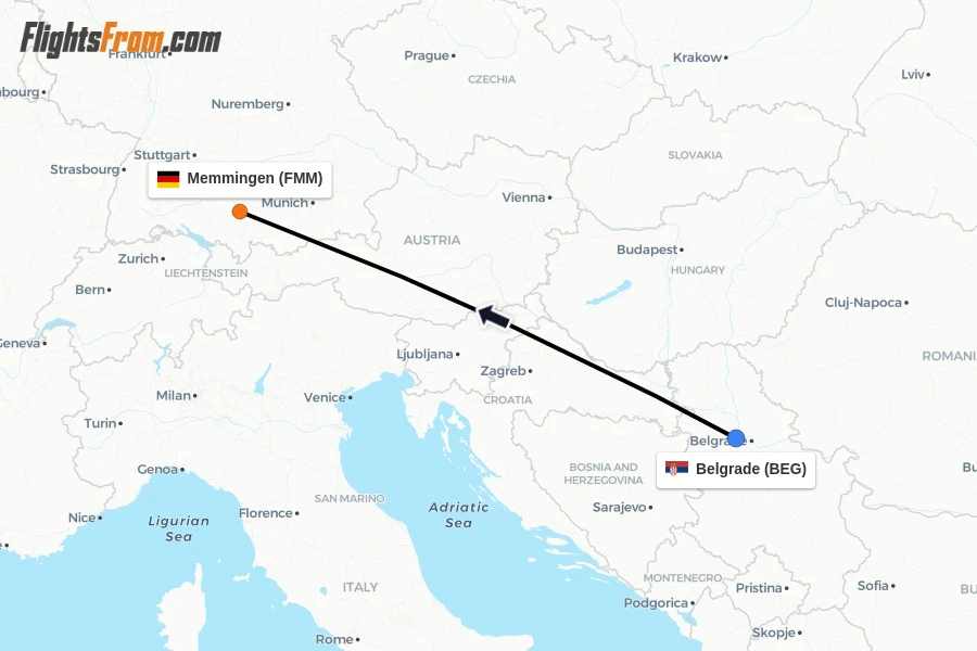 Flights from Belgrade to Memmingen route map