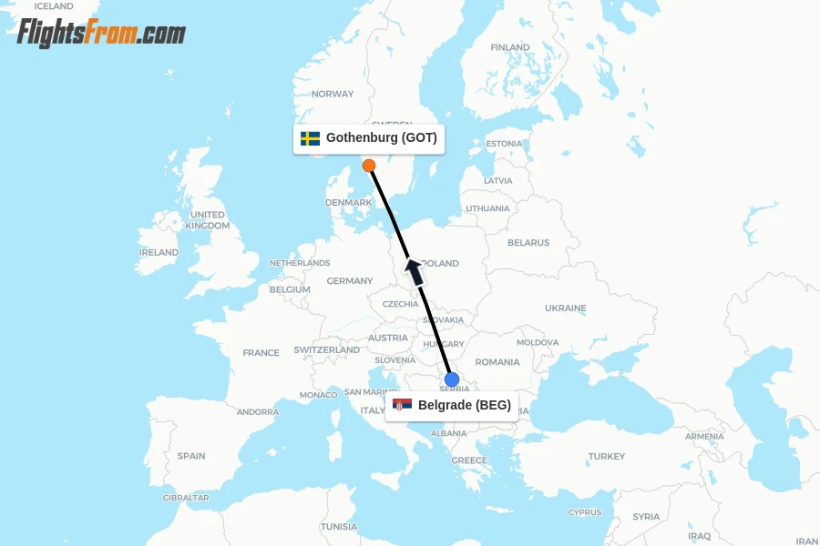 Flights from Belgrade to Gothenburg route map