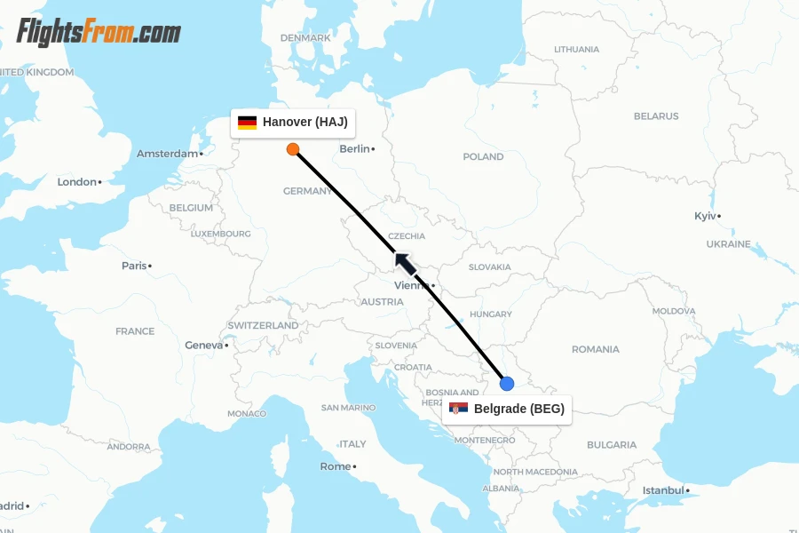 Flights from Belgrade to Hanover route map