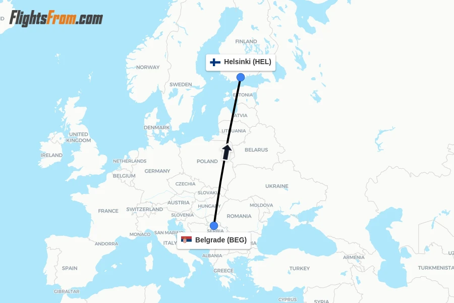 Flights from Belgrade to Helsinki route map