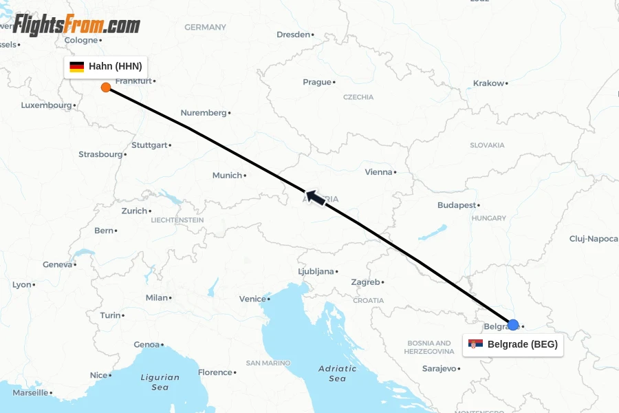 Flights from Belgrade to Hahn route map