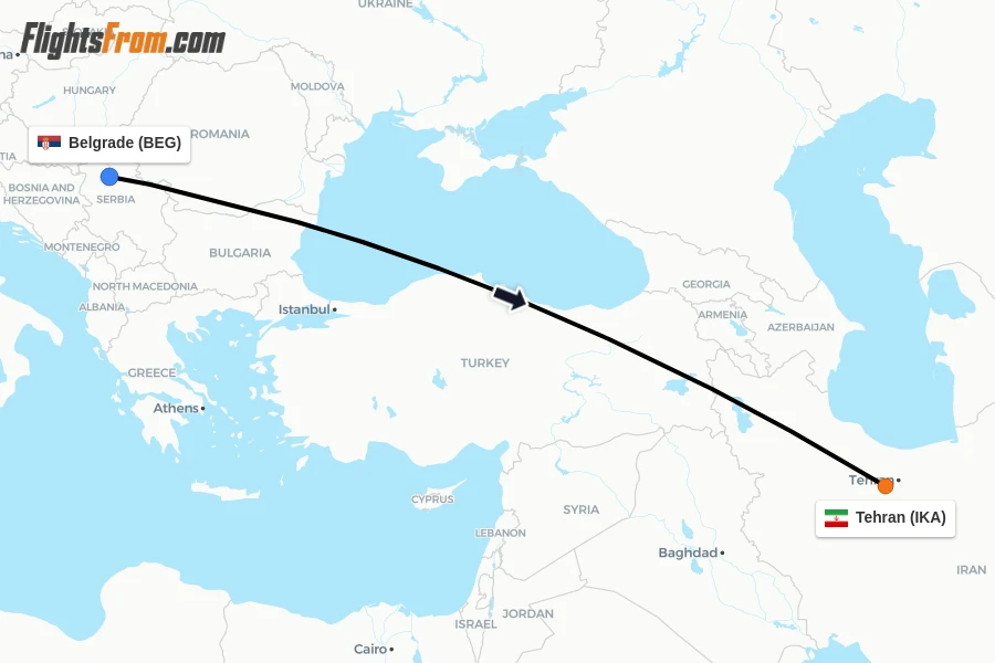 Flights from Belgrade to Tehran route map