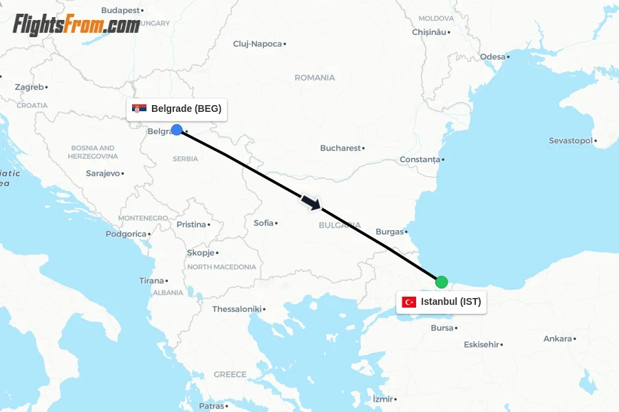 Flights from Belgrade to Istanbul route map