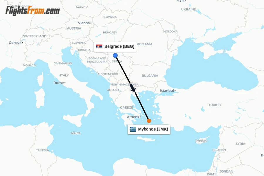 Flights from Belgrade to Mykonos route map