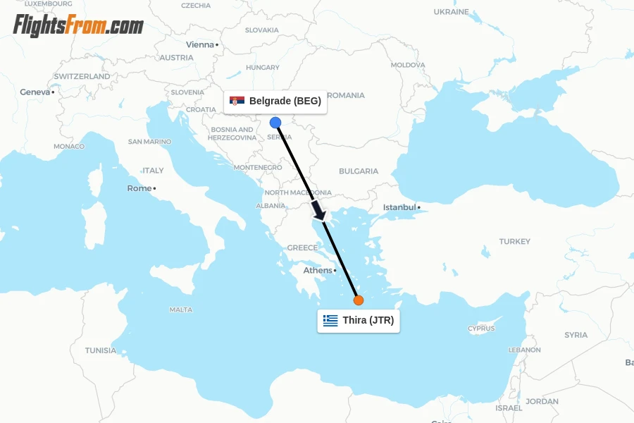 Flights from Belgrade to Thira route map