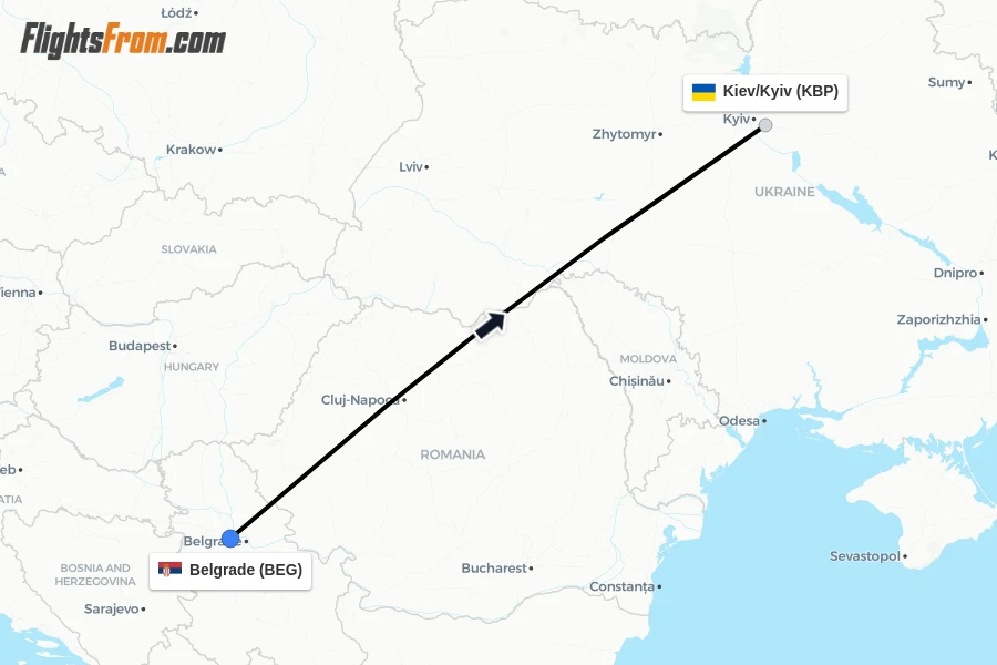 Flights from Belgrade to Kiev/Kyiv route map