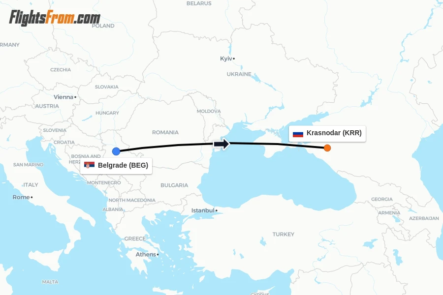 Flights from Belgrade to Krasnodar route map