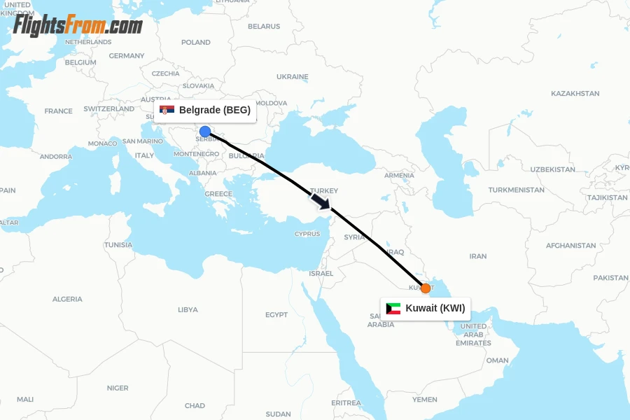 Flights from Belgrade to Kuwait route map