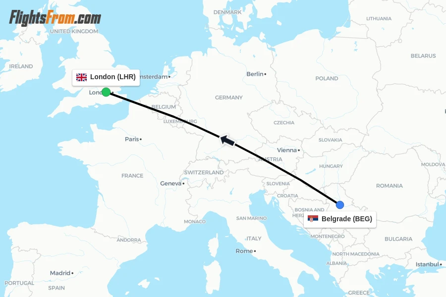 Flights from Belgrade to London route map