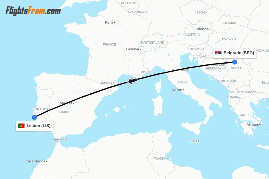 Flights from Belgrade to Lisbon route map