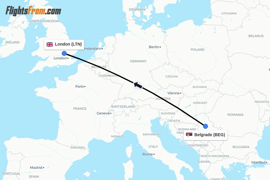 Flights from Belgrade to London route map