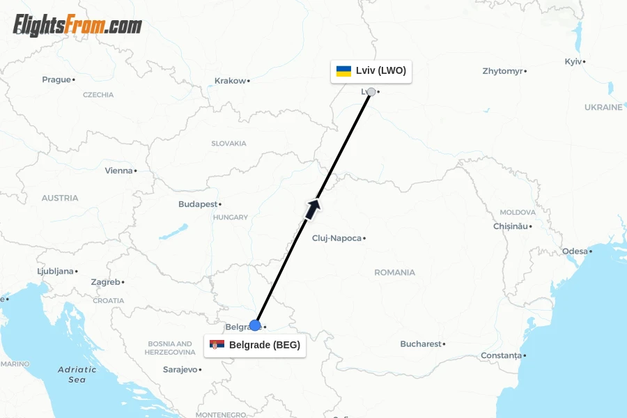 Flights from Belgrade to Lviv route map