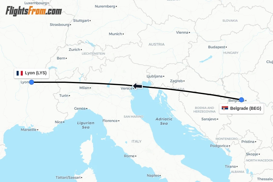 Flights from Belgrade to Lyon route map