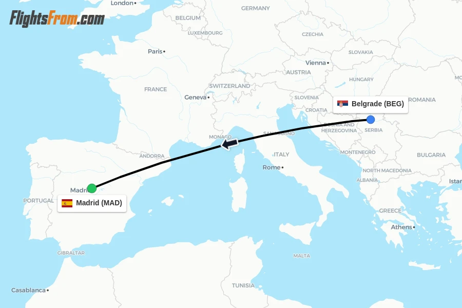 Flights from Belgrade to Madrid route map