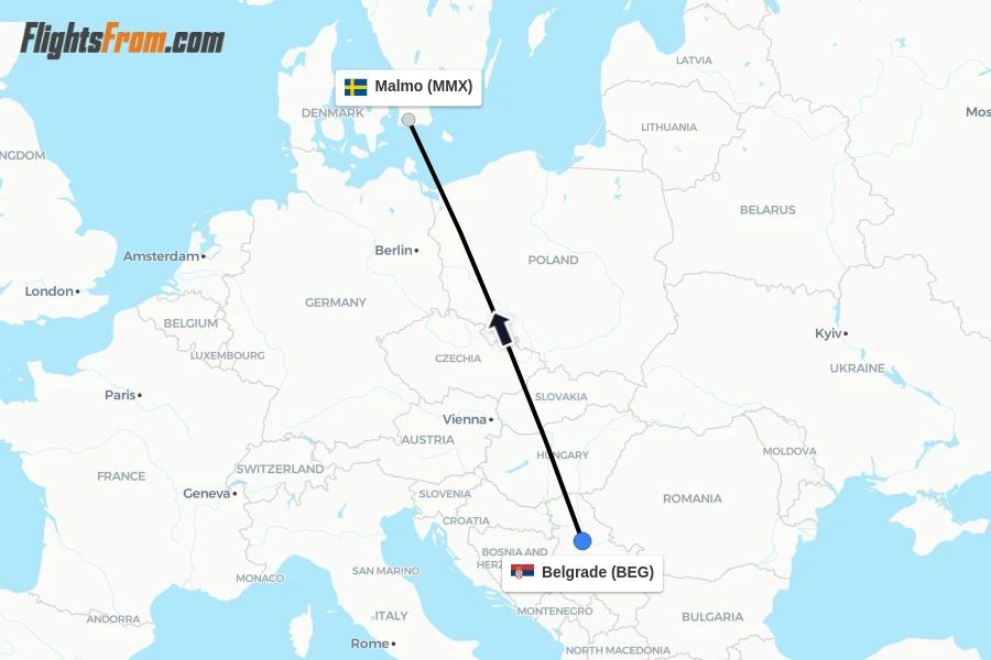 Flights from Belgrade to Malmo route map