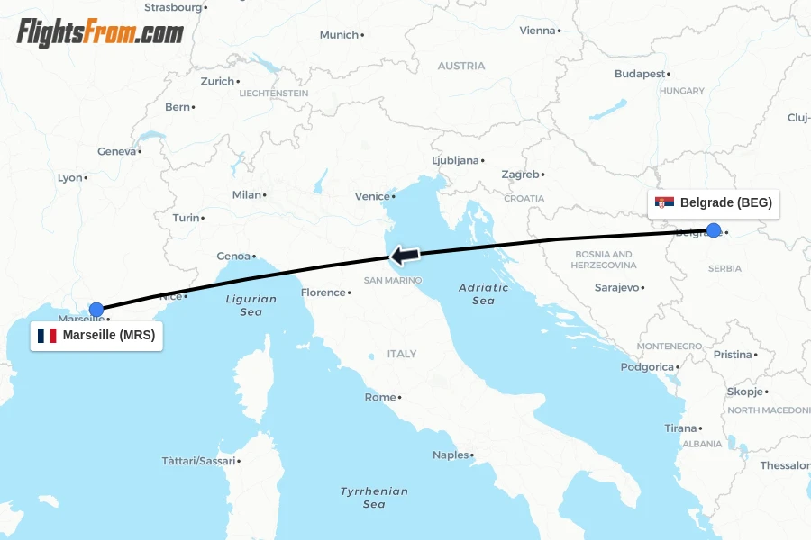Flights from Belgrade to Marseille route map