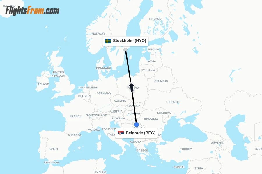 Flights from Belgrade to Stockholm route map