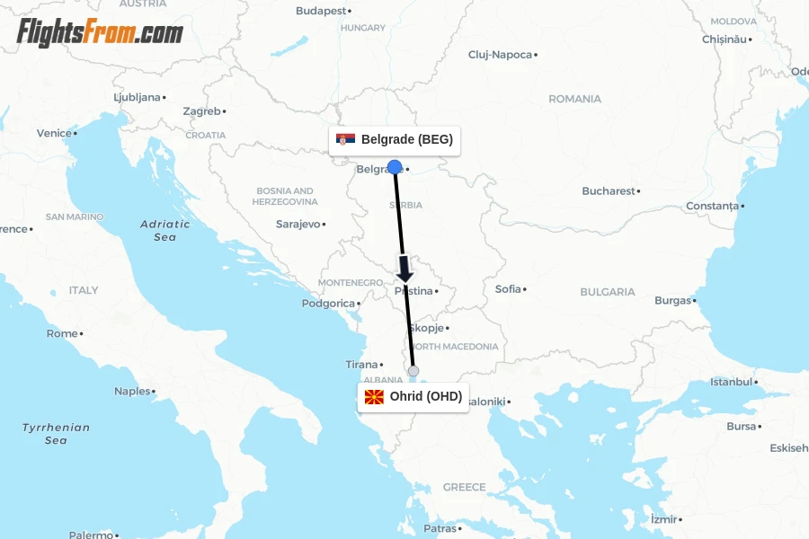 Flights from Belgrade to Ohrid route map
