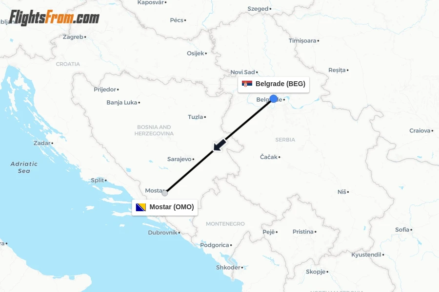 Flights from Belgrade to Mostar route map