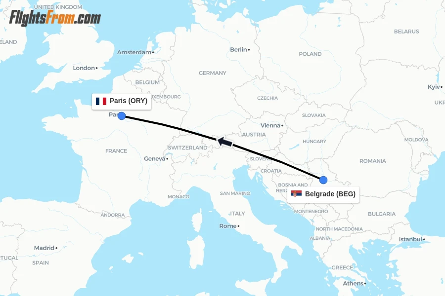Flights from Belgrade to Paris route map