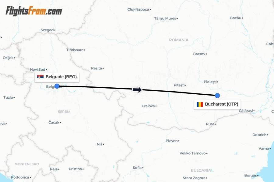 Flights from Belgrade to Bucharest route map