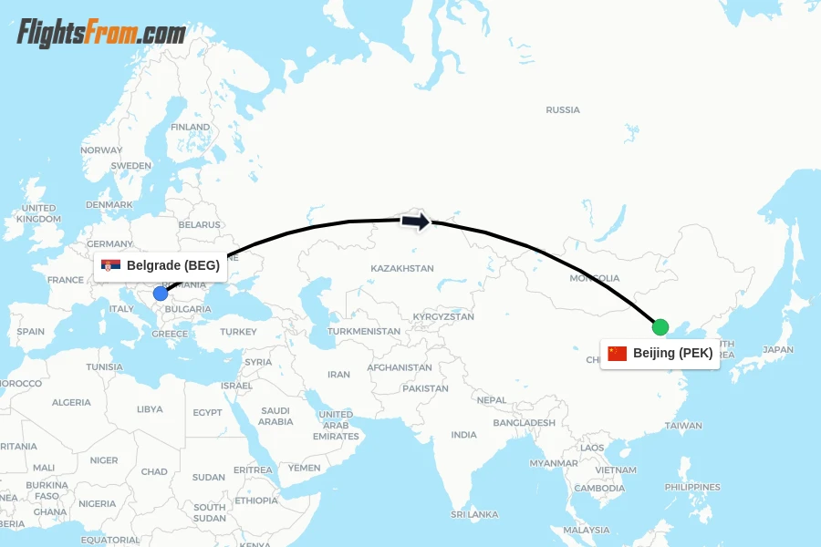 Flights from Belgrade to Beijing route map