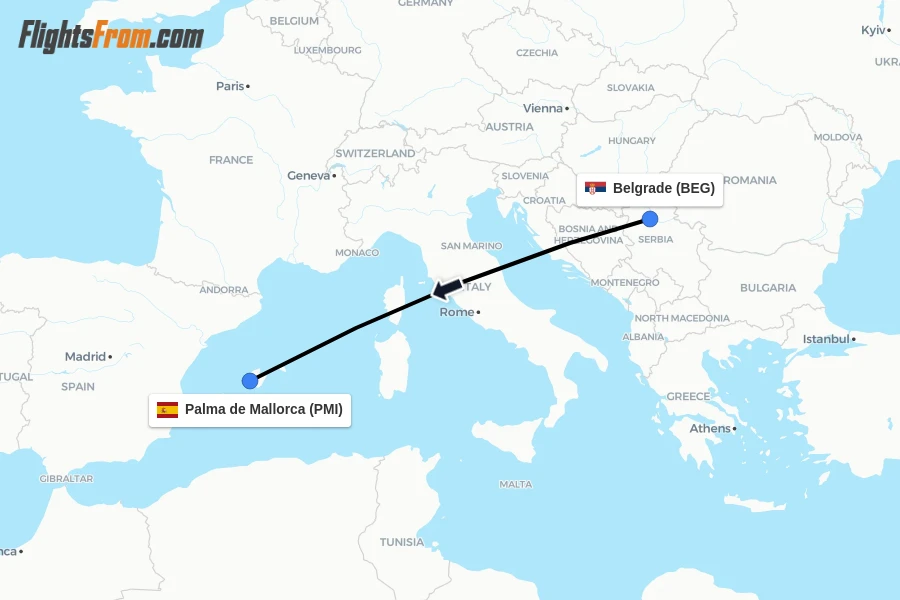 Flights from Belgrade to Palma de Mallorca route map